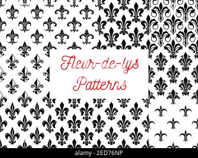 Black and white fleur-de-lis floral seamless pattern with set of french royal lily flowers with victorian leaf scrolls. Wallpaper, vintage interior ac Stock Vector