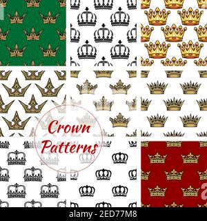 Crown seamless pattern set. Royal background with crown of king, princess diadem and queen tiara. Monarchy theme, scrapbook page backdrop design Stock Vector