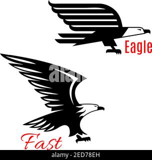 Black eagle vector icons set. Emblems of black flying falcons or hawks. Heraldic symbol of vulture of griffin predatory bird with open spread wings an Stock Vector