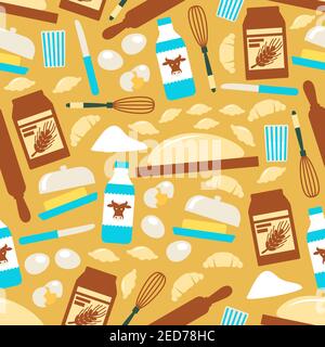 Baking seamless pattern. Vector pattern of pastry cooking tools, kitchen utensils and ingredients. Flour and dough, rolling pin, croissant and eggs, m Stock Vector