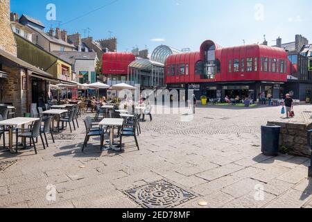 Saint-Brieuc, France - August 27, 2019: Residents of the city and tourists relax in cafe and on terraces in Place du Chai square of Saint-Brieuc, Brit Stock Photo