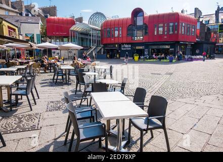 Saint-Brieuc, France - August 27, 2019: Residents of the city and tourists relax in cafe and on terraces in Place du Chai square of Saint-Brieuc, Brit Stock Photo