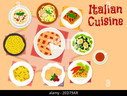Italian cuisine pasta salad icon served with bean, olive and egg, eggplant lasagna, spaghetti with chicken, potato dumpling, vegetable omelette, polen Stock Vector