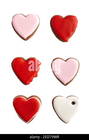 Gingerbread cookies with sugar icing, isolated. Vertical frame. Stock Photo