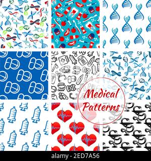 Medical seamless patterns set of of medicines and medication items heart pulse, DNA helix and syringe, thermometer, dentistry items tooth paste, brush Stock Vector