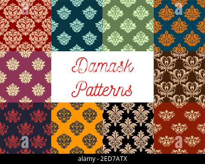 Flowery seamless Damask vector patterns set of ornate baroque floral embellishment motif and flourish ornament tracery. Luxury royal flowers ornamenta Stock Vector
