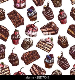 Sweet cakes, strawberry cupcakes, chocolate muffins, tarts with fruits and berries. Vector color sketch seamless pattern of baked desserts for patisse Stock Vector