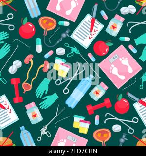 Medical seamless pattern of medicine, healthy lifestyle and health items drug pills in capsules, weight scales, bottle, surgery scissors and doctor gl Stock Vector
