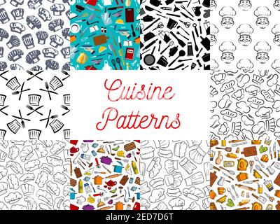 Cuisine pattern set. Vector seamless pattern of cuisine kitchenware objects, kitchen utensils, sketch baker and cook hat, kettle, sauce pan, spoon, kn Stock Vector