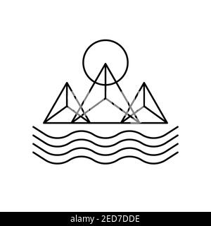Mountain geometric minimal line landscape with lake and sun. Vector linear illustration Stock Vector