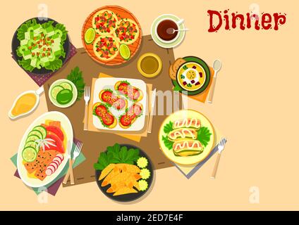 Popular appetizers icon of mexican salad on pita bread and meat tortilla rolls, tomato sausage sandwiches, vegetable soup with egg, salmon and grapefr Stock Vector