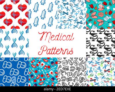 Medical seamless vector patterns set of medicine tools and medications syringe, heart pulse and DNA helix, test flask or dropper, brain and lungs orga Stock Vector