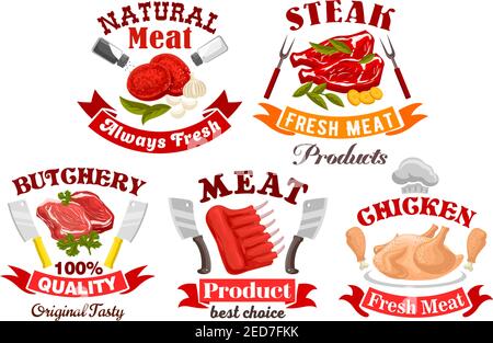 Meat shop and butchery symbol set. Fresh chicken, beef steak and ribs, pork chops and tenderloin slices, framed with ribbon banner, knives and chef ha Stock Vector