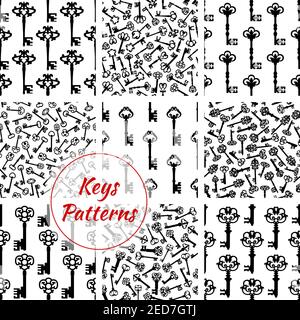 Key patterns set of keys from locks. Vector seamless background of antique, vintage and heraldic keys with ornate retro bows, forged flowery engraving Stock Vector