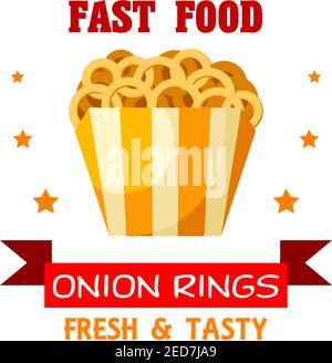 Fast Food Onion Rings snack emblem. Fried crispy deep-fry onion rings in paper basket. Fresh and tasty meal. Vector isolated icon, badge or sign for f Stock Vector