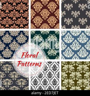 Flourish baroque patterns set of flowery motif and ornate luxury embellishment. Floral backdrops with rococo ornament tiles of seamless tracery and or Stock Vector