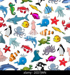 Sea fish, ocean animals and shellfish cartoon seamless pattern of vector clown fish and butterflyfish, starfish and jellyfish, dolphin, shark and whal Stock Vector