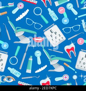 Dentistry, stomatology seamless pattern of vector dental health and care items and dentist tools orthodontic braces and tooth implant, mouth mirror, s Stock Vector