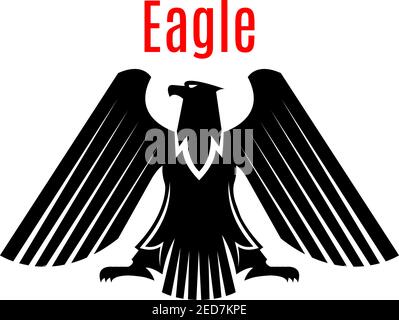 Black heraldic eagle emblem. Gothic design of falcon or hawk. Vector isolated icon of sign of phoenix with open spread wings and sharp clutches. Preda Stock Vector