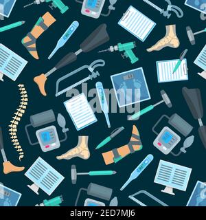 Orthopedy pattern of orthopedics surgery and orthopedic items and work tools human spine, foot and leg limb prosthesis, surgeon drill, hammer and bone Stock Vector