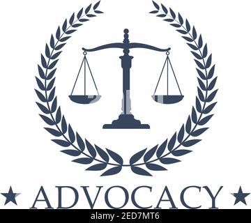 Advocacy emblem and symbol Scales of Justice for juridical or notary company. Sign or badge for law attorney, legal advocate or lawyer office. Vector Stock Vector