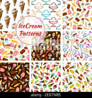 Ice cream patterns of ice cream assortment, scoops in glass bowl and wafer cones, sweet chocolate eskimo and vanilla sundae, frozen fruit ice and frui Stock Vector