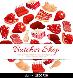Butchery shop poster of vector fresh meat assortment. Butcher and farm beefsteak, beef raw filet and steak, t-bone sirloin, poultry turkey and chicken Stock Vector