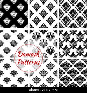 Damask flourish patterns set. Flowery ornate embellishment and luxury floral ornamental tiles and backdrops Baroque or rococo background for interior Stock Vector