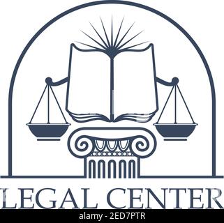 Juridical legal center emblem. Vector icon with Scales of Justice symbol, open book on roman column pillar capital, sun rays under arch. Badge for law Stock Vector