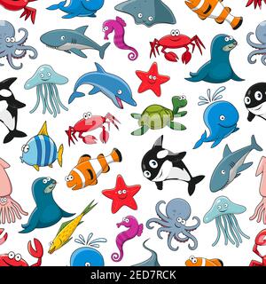Cartoon pattern of sea fish and ocean animals starfish and seahorse, squid and jellyfish, seal, dolphin and shark whale, lobster crab, octopus, stingr Stock Vector