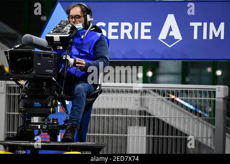 Milan, Italy. 14th Feb, 2021. MILAN, ITALY - February 14, 2021: A tv camera is seen during the Serie A football match between FC Internazionale and SS Lazio. (Photo by Nicolò Campo/Sipa USA) Credit: Sipa USA/Alamy Live News Stock Photo