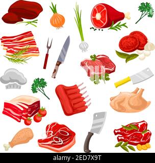 Meat products icons. Vector beef filet t-bone steak pork tenderloin bacon, mutton ribs and sirloin, turkey poultry and chicken leg, fresh liver. Butch Stock Vector