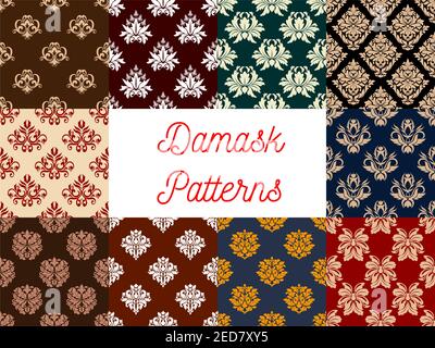 Damask seamless flowery patterns set of floral and flourish ornamental baroque backdrops and embellishment motif. Vector flowers tracery and luxury ro Stock Vector