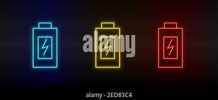 Neon icon set battery, charging. Set of red, blue, yellow neon vector icon Stock Vector