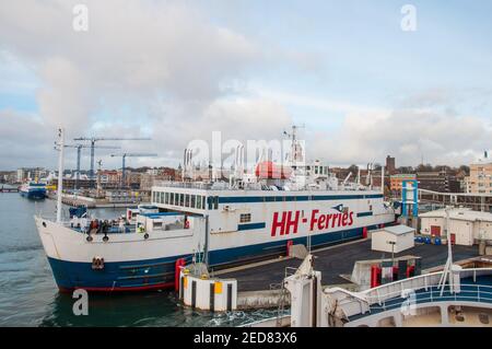 Helsingborg Sweden - November 12. 2017: Scandlines ferry Mercandia IV arriving to Helsingborg port from Helsingor in Denmark Stock Photo