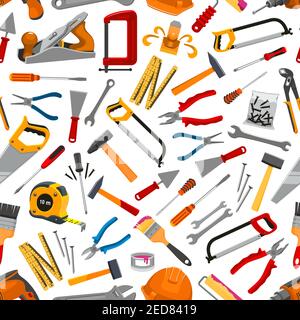 Repair tools or construction items seamless pattern background. Pliers and spatula, helmet and hammer, ruler and brush with paint, spanner and trowel, Stock Vector