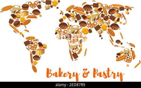 Bread world map. Bakery and pastry symbol or poster of wheat and rye ears and bread loaf or bagel, flour bag sack with dough on board and rolling pin, Stock Vector