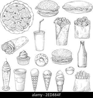 American junk or fast food sketch. Ice cream in cone waffle, pizza and hamburger or cheeseburger, pizza and french fries or fried potato, donut or dou Stock Vector