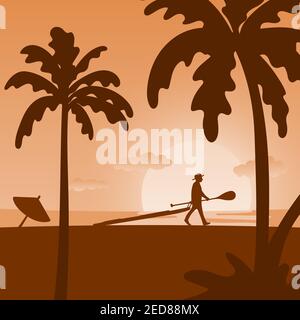man dragging sup board and paddle on the beach with orange shade illustration vector Stock Vector