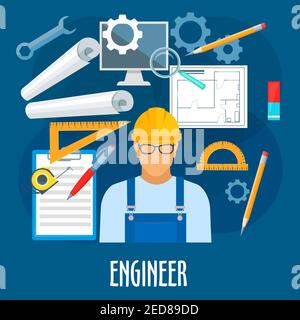 Engineer profession poster. Vector builder worker man in uniform with glasses and safety helmet with building engineering and constriction work tools Stock Vector