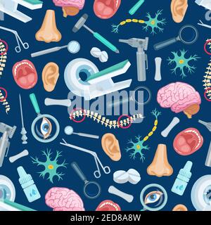 Medicine or medical seamless pattern background. Health care or healthcare items such as magnifying glass and pill, spray, human head organs like nose Stock Vector