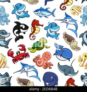 Sea animals and cartoon ocean fishes seamless pattern of vector whale, shark and dolphin, octopus and squid, turtle and stingray, hammerhead and sword Stock Vector