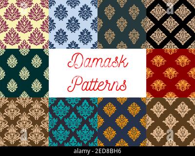 Flourish damask baroque patterns of flowery ornate luxury embellishment and floral motif. Vector seamless backdrops set with rococo ornament tiles of Stock Vector