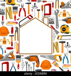 Repair, carpentry, building and home fix poster with vector work tools and working instruments plaster trowel and paint brush roll, tape measure ruler Stock Vector