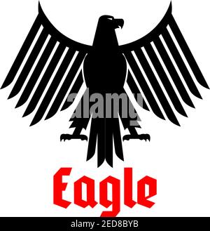 Black eagle heraldic or crest emblem. Gothic or imperial falcon or hawk symbol. Vector isolated icon of sign of phoenix with open spread wings and sha Stock Vector