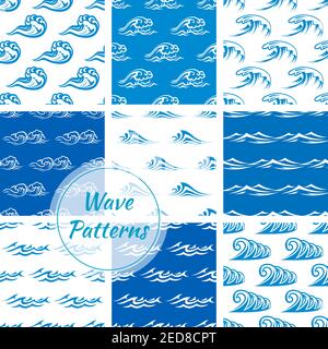 Waves patterns. Seamless vector backdrops set of ocean or sea blue waves, water splashes and stormy curling sea waves, wavy flows with surfing gales a Stock Vector