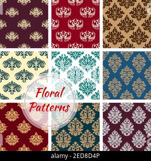 Floral seamless patterns set of flourish damask baroque backdrops and flowery embellishment motif. Vector ornamental flowers embellishment and luxury Stock Vector