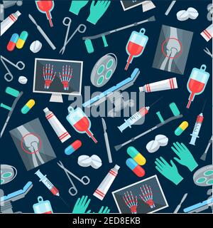 Surgery seamless pattern of surgeon medical items and tools. Vector medications pill drugs capsules, blood dropper. Medicine therapy instruments, scal Stock Vector