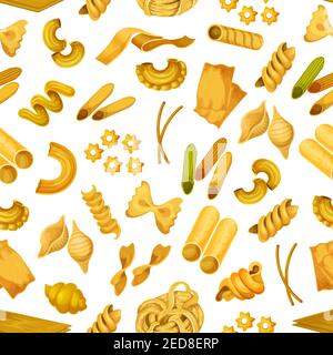 Italian pasta seamless pattern background. Macaroni like torti and quadretti, bucatini and tricolore, konkiloni and cannelloni, kanelone, farfalle, la Stock Vector