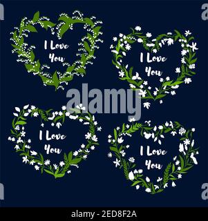 Flower heart Valentine Day card set. Floral wreath with white flowers, green leaves and herbs, arranged in heart shaped frame with text I Love You in Stock Vector